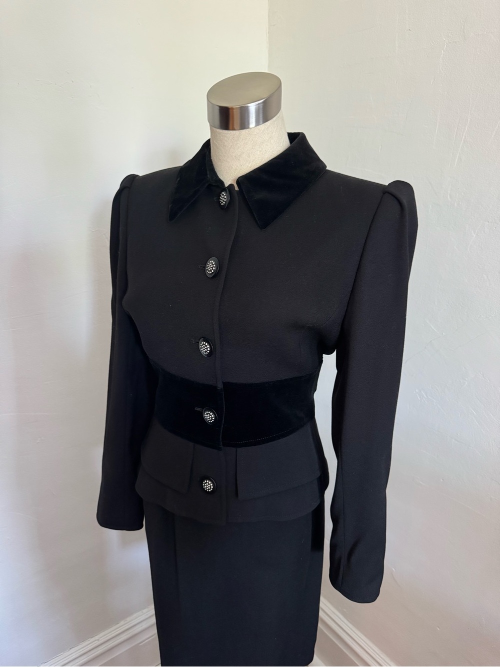 Vintage Valentino Black Tailored Velvet-Trim Skirt Suit
